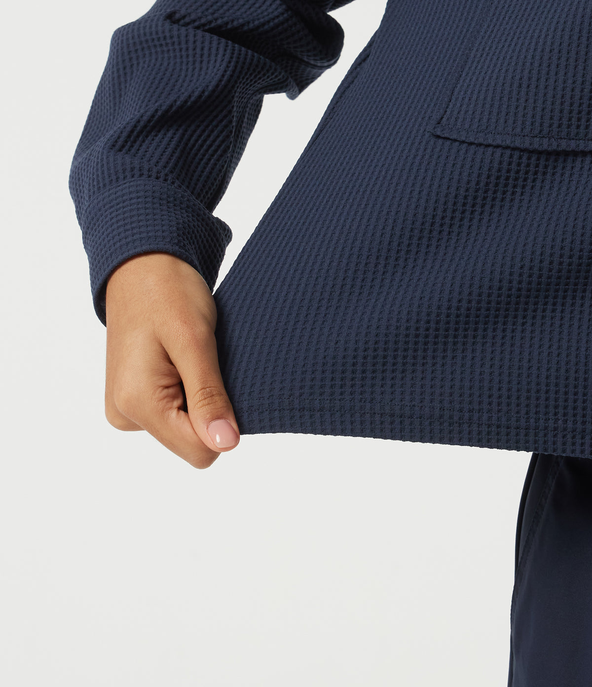 Lapel Dropped Long Sleeve Waffle Casual Jacket with Pockets — Midnight Blue — view 8