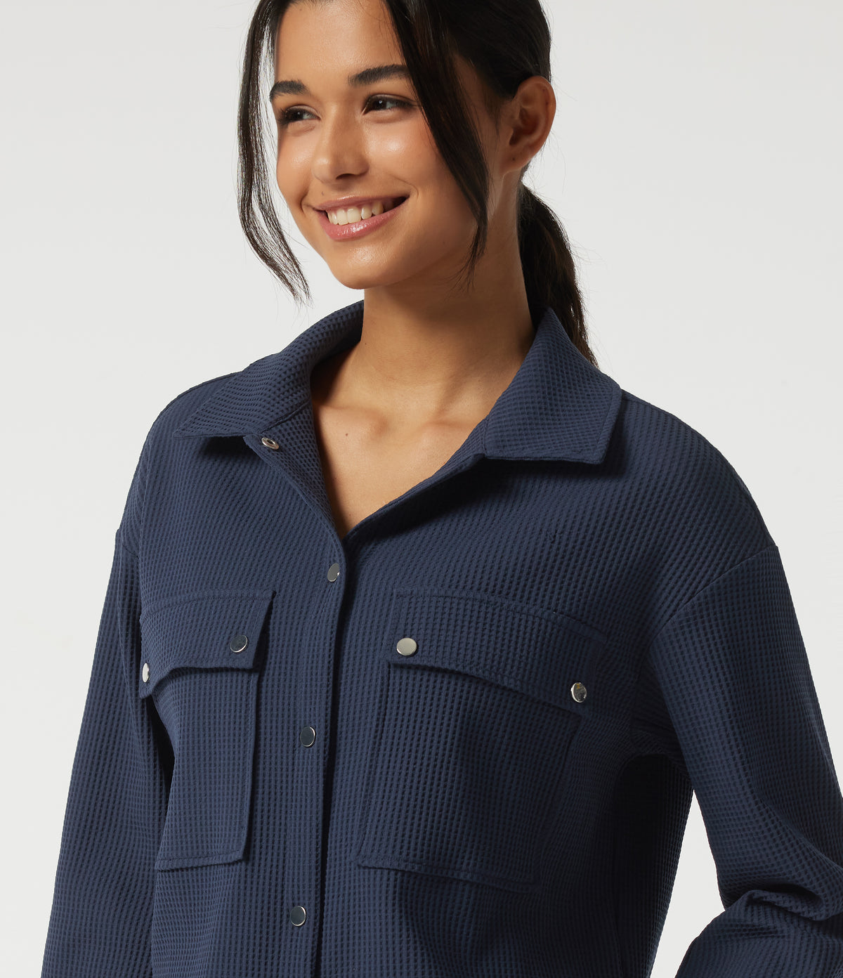 Lapel Dropped Long Sleeve Waffle Casual Jacket with Pockets — Midnight Blue — view 5