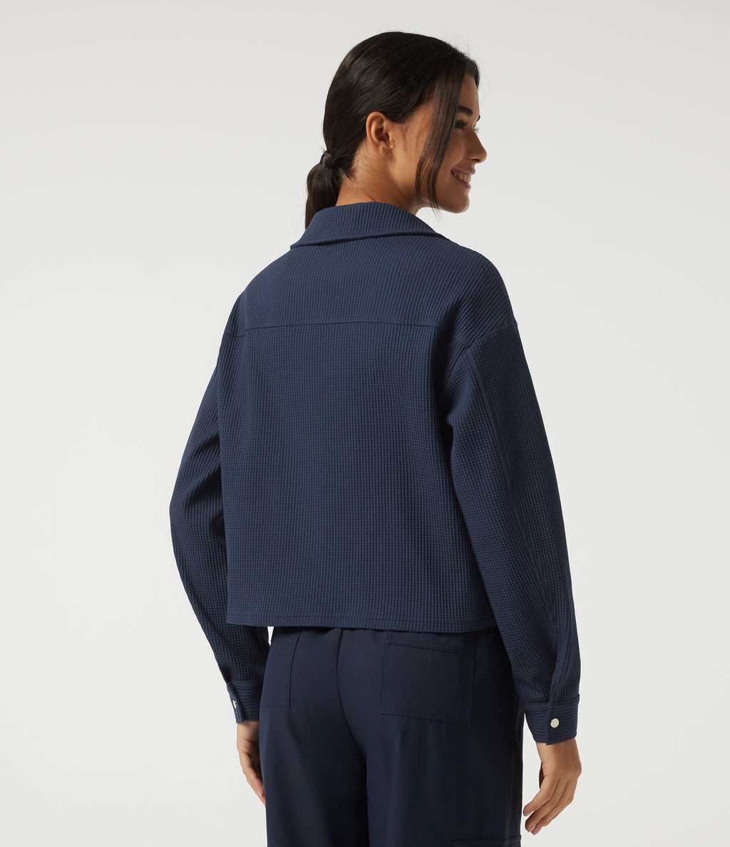 Lapel Dropped Long Sleeve Waffle Casual Jacket with Pockets — Midnight Blue — view 3