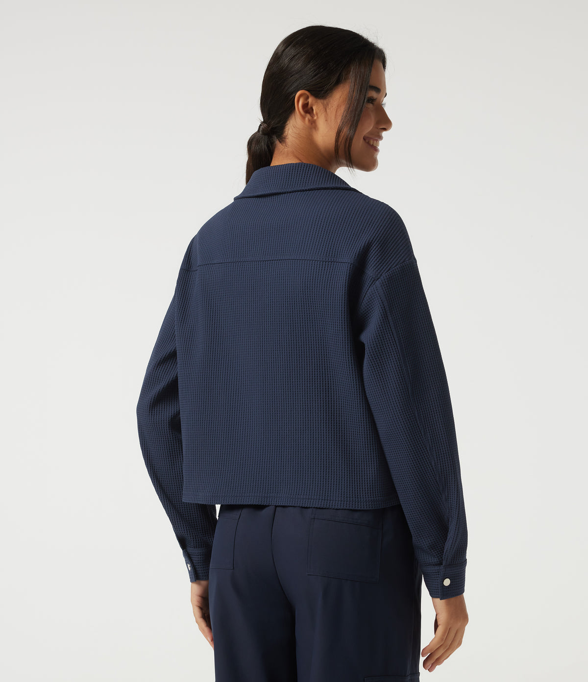 Lapel Dropped Long Sleeve Waffle Casual Jacket with Pockets — Midnight Blue — view 3