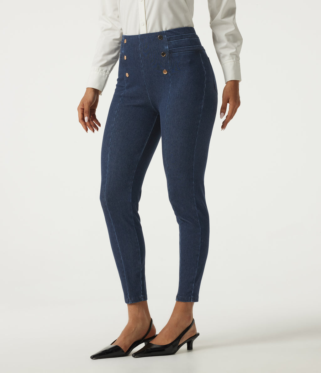 High Waisted Skinny Work Jeans with Pockets — Pageant Blue Denim — view 3