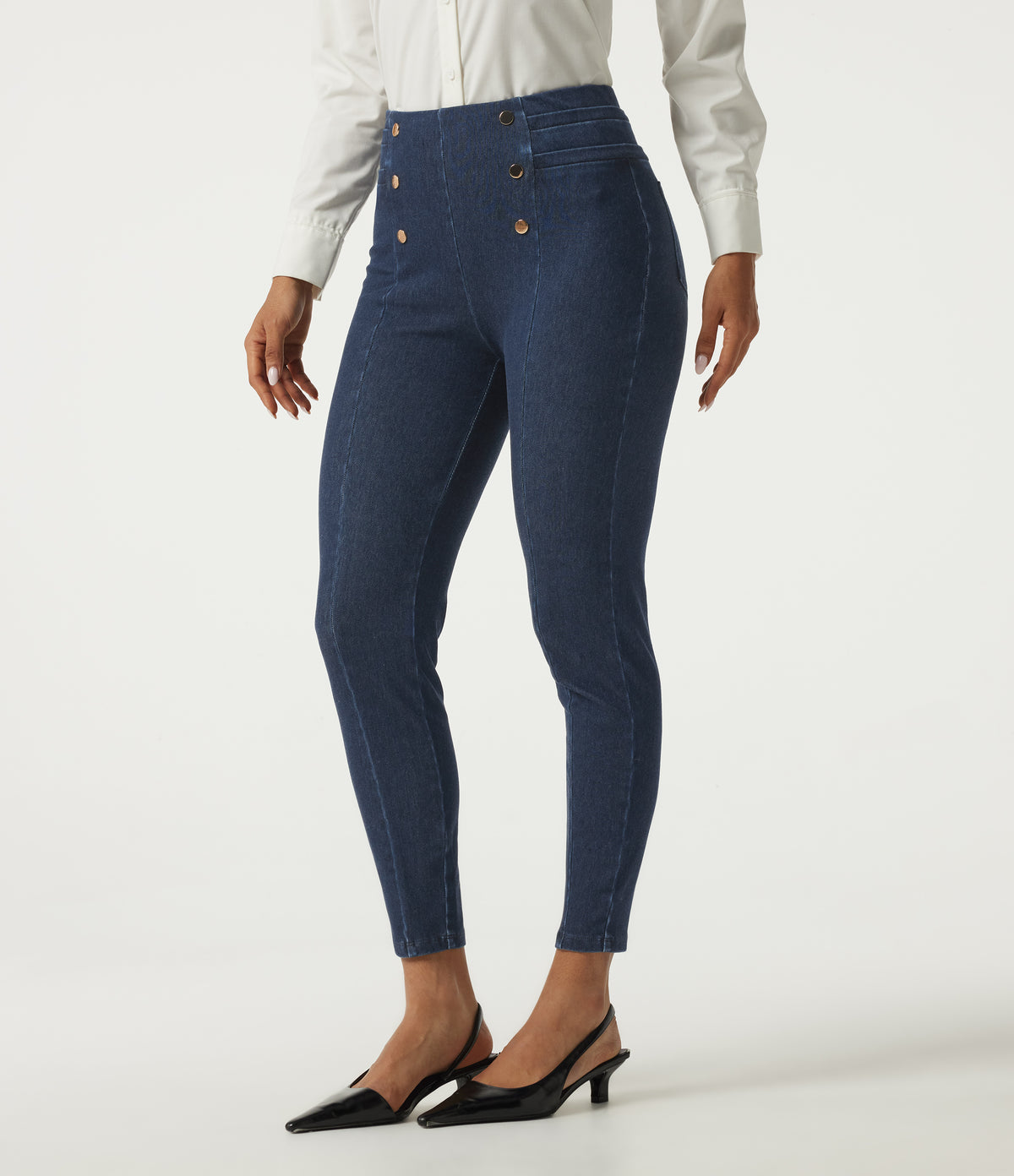 High Waisted Skinny Work Jeans with Pockets — Pageant Blue Denim — view 3