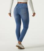High Waisted Tummy Control Crossover Skinny Casual Jeans with Pockets — Tide Blue Denim — view 2