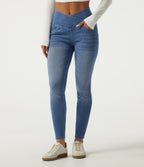 High Waisted Tummy Control Crossover Skinny Casual Jeans with Pockets — Tide Blue Denim — view 3