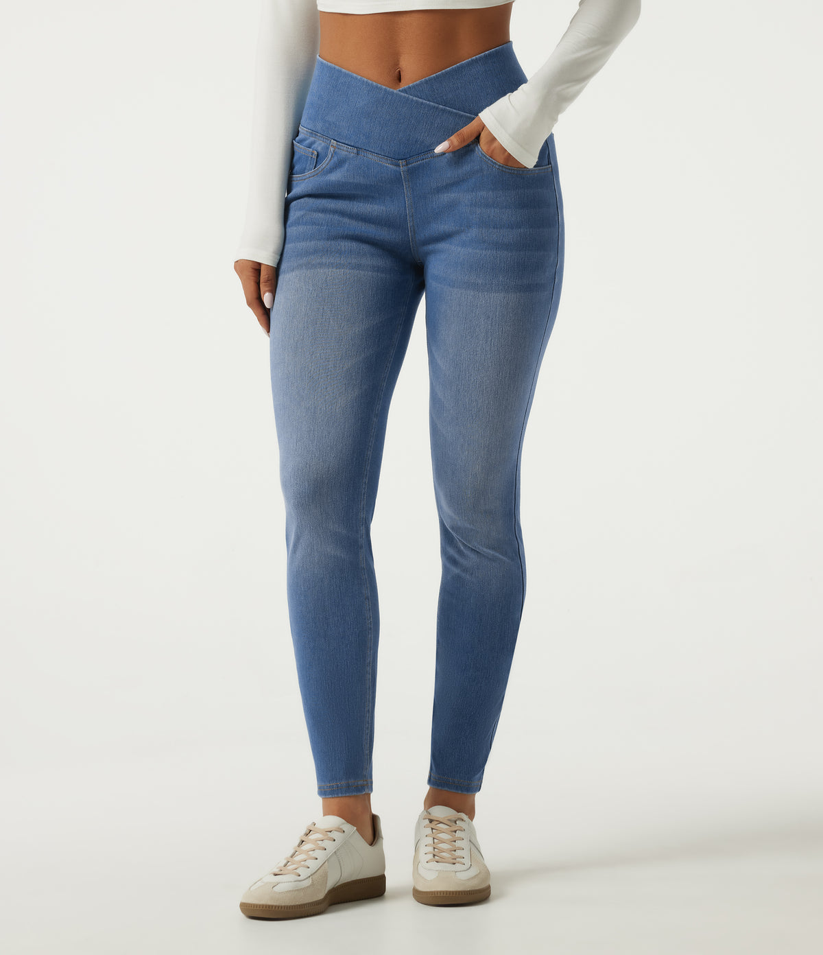 High Waisted Tummy Control Crossover Skinny Casual Jeans with Pockets — Tide Blue Denim — view 3