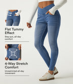 High Waisted Tummy Control Crossover Skinny Casual Jeans with Pockets — Tide Blue Denim — view 1