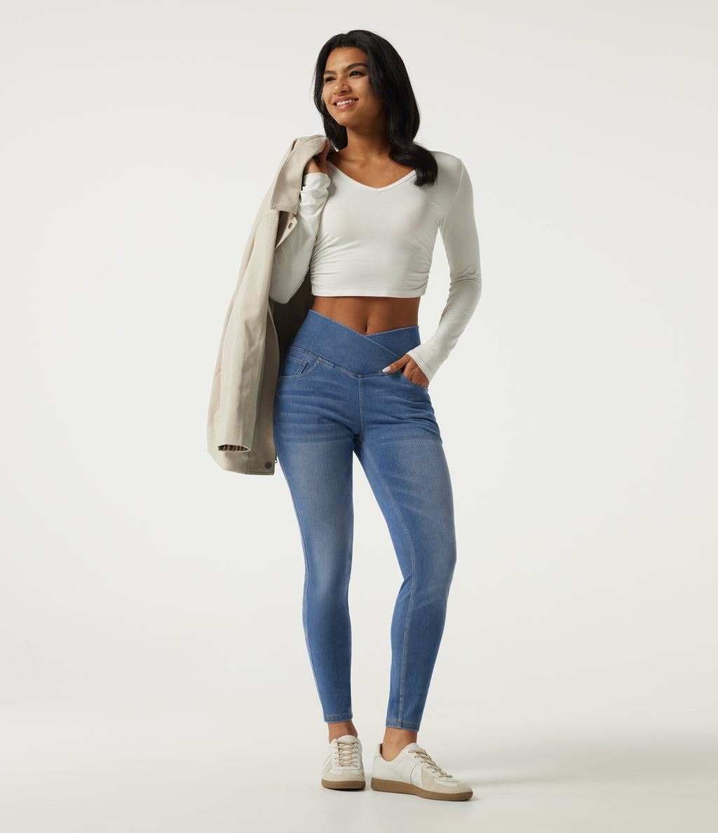 High Waisted Tummy Control Crossover Skinny Casual Jeans with Pockets — Tide Blue Denim — view 7