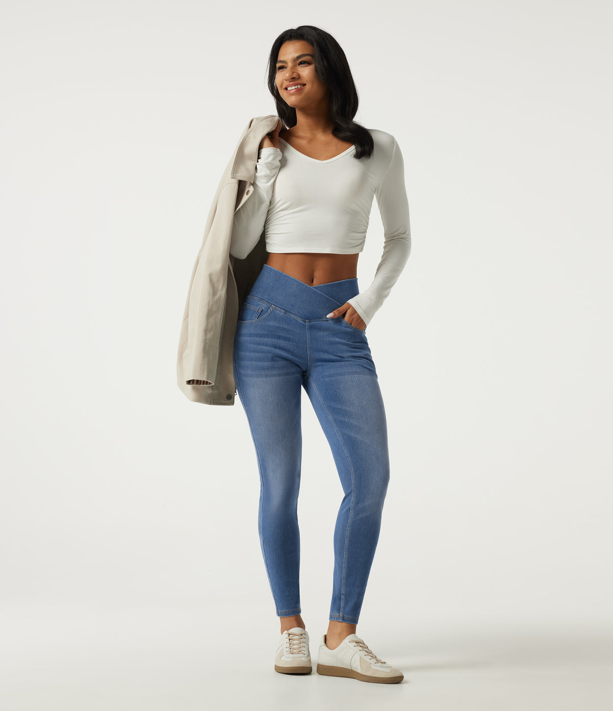 High Waisted Tummy Control Crossover Skinny Casual Jeans with Pockets — Tide Blue Denim — view 7