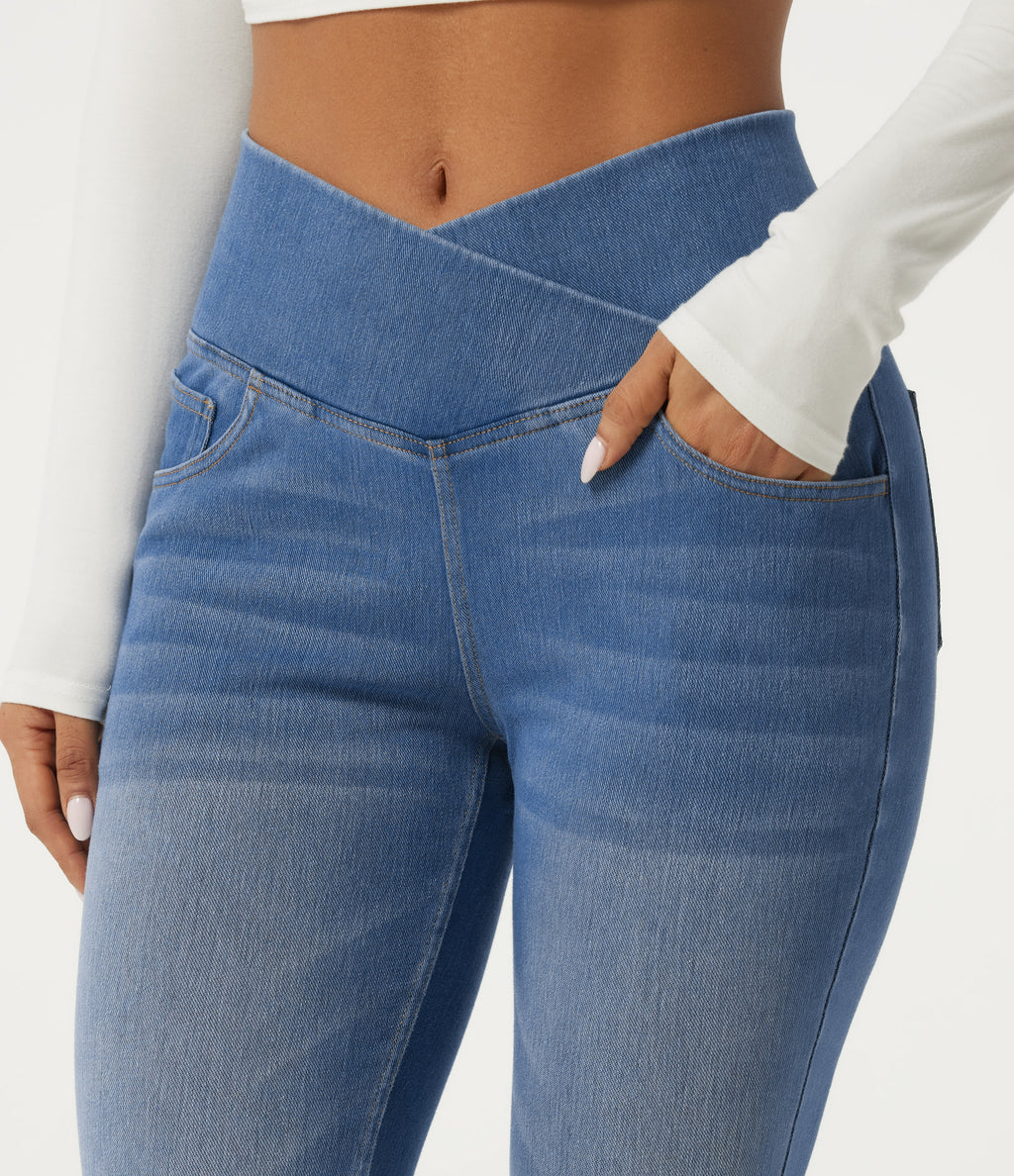 High Waisted Tummy Control Crossover Skinny Casual Jeans with Pockets — Tide Blue Denim — view 5