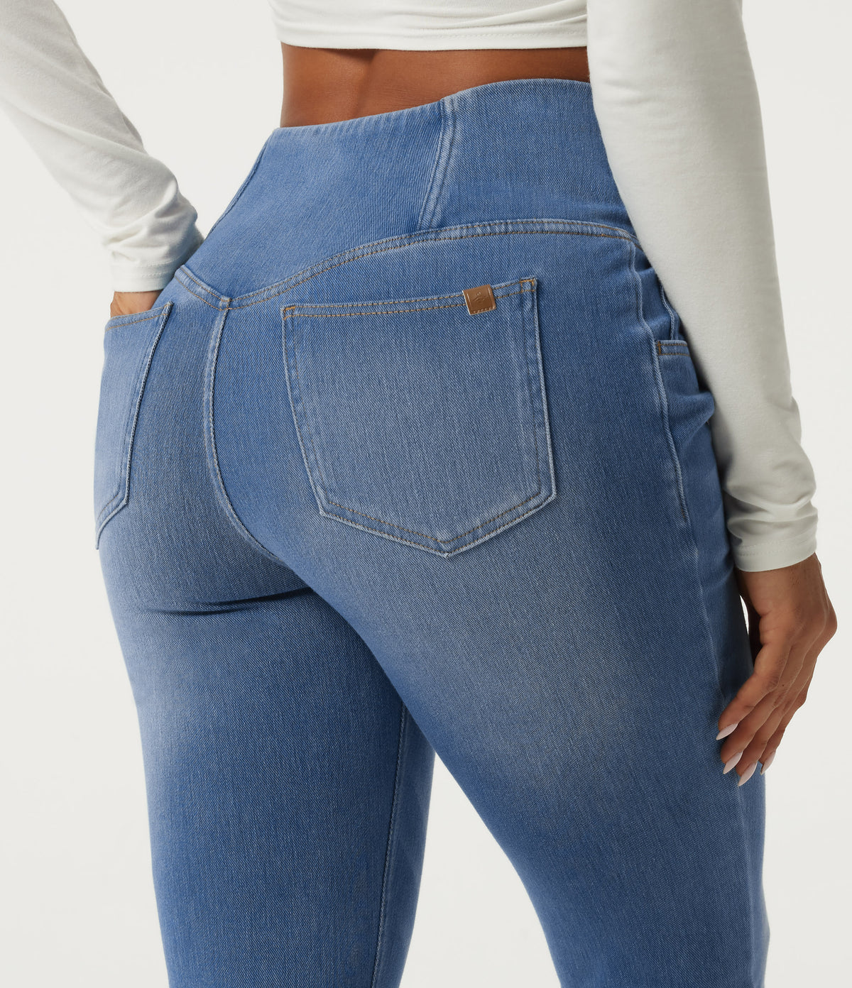 High Waisted Tummy Control Crossover Skinny Casual Jeans with Pockets — Tide Blue Denim — view 4