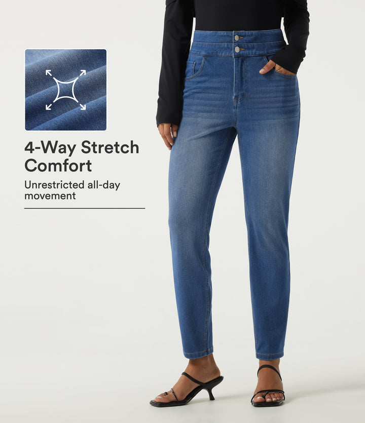 Double Waistband High Waisted Casual Jeans with Pockets — Tide Blue Denim — view 1