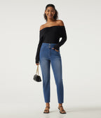 Double Waistband High Waisted Casual Jeans with Pockets — Tide Blue Denim — view 7