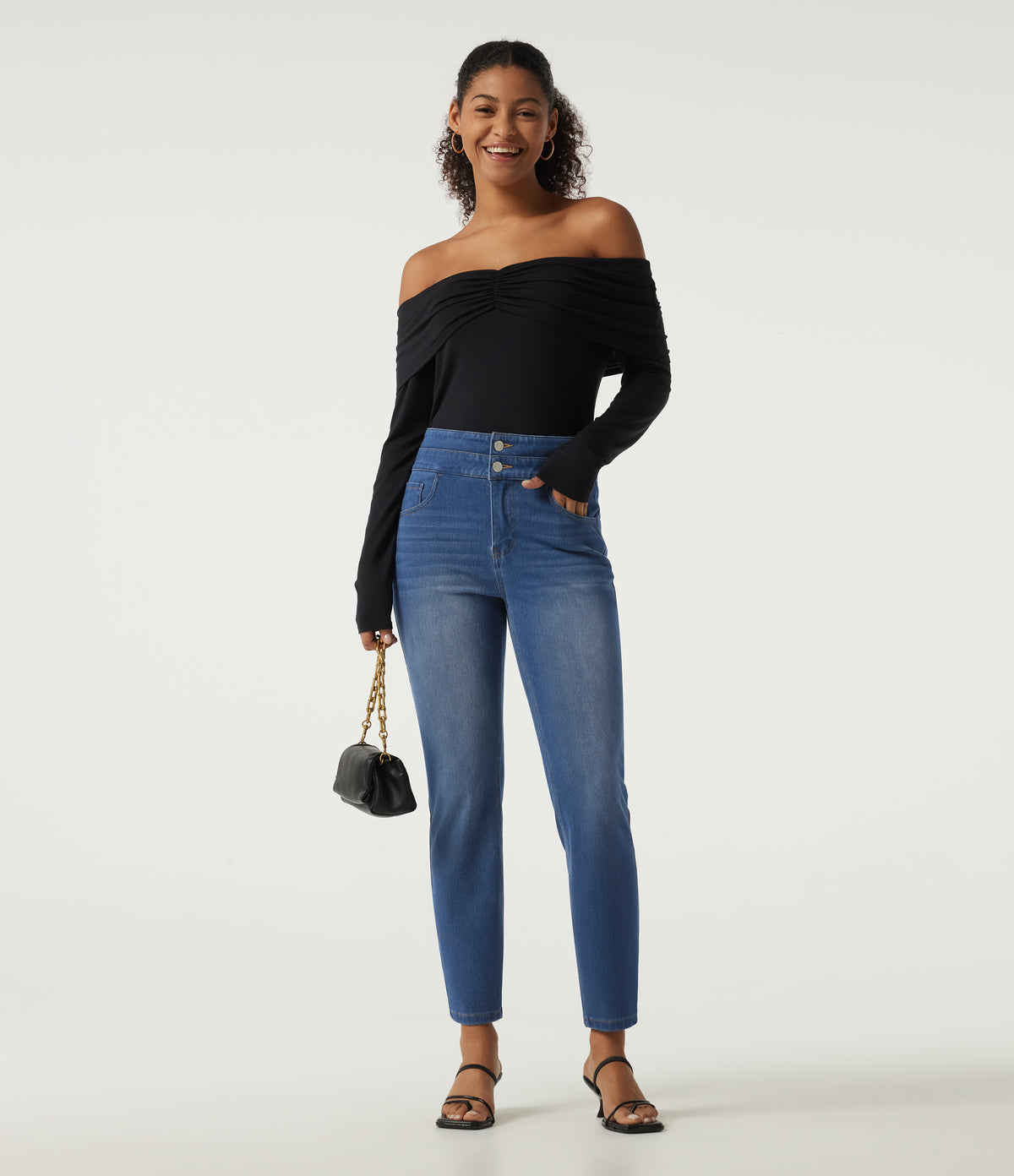 Double Waistband High Waisted Casual Jeans with Pockets — Tide Blue Denim — view 7