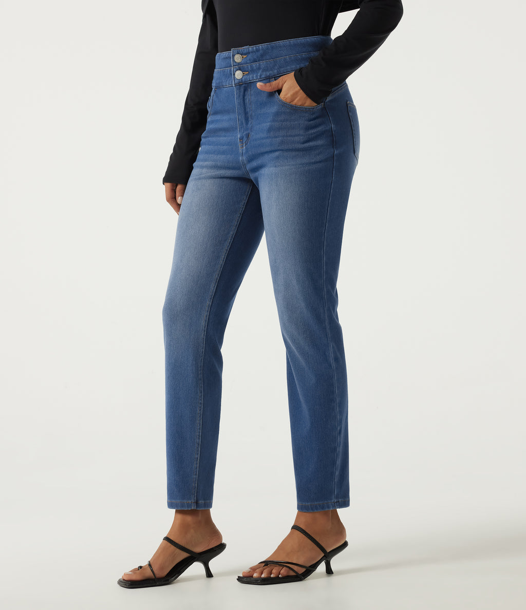 Double Waistband High Waisted Casual Jeans with Pockets — Tide Blue Denim — view 3