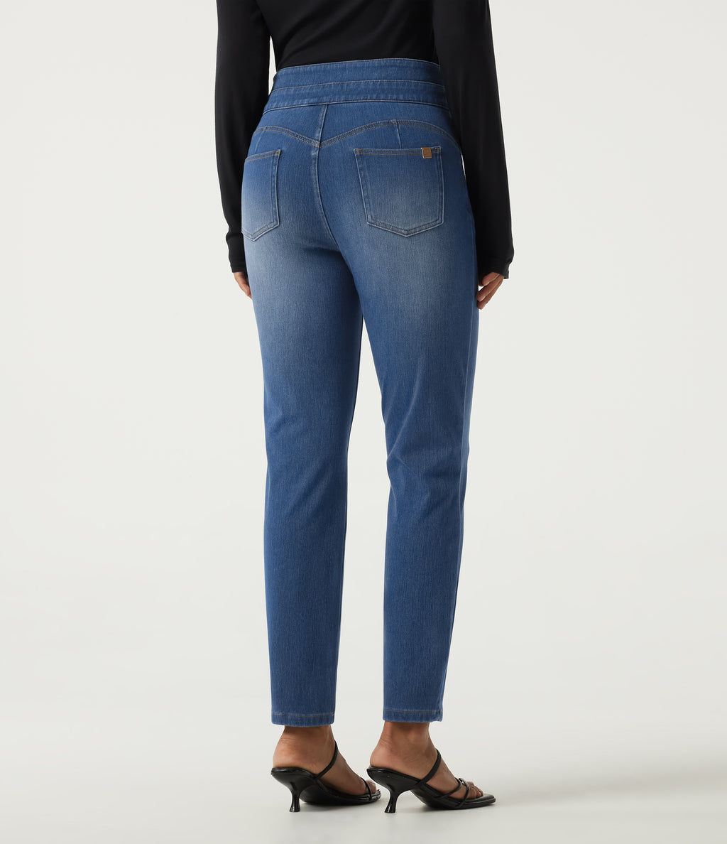 Double Waistband High Waisted Casual Jeans with Pockets — Tide Blue Denim — view 2