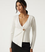V Neck Long Sleeve Open Front Work Cardigan — White — view 1