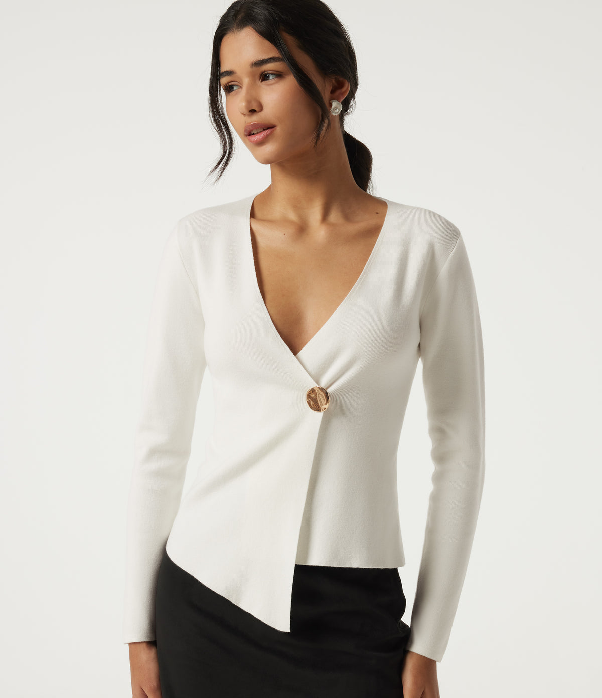 V Neck Long Sleeve Open Front Work Cardigan — White — view 1