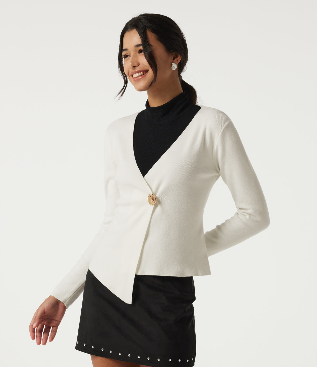V Neck Long Sleeve Open Front Work Cardigan — White — view 4