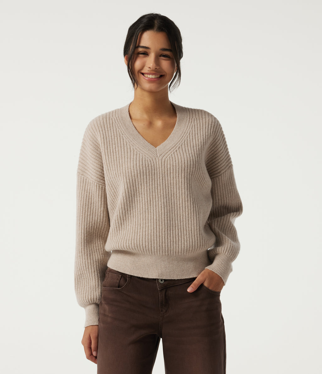V Neck Dropped Shoulder Long Sleeve Casual Jumper — Doeskin — view 4
