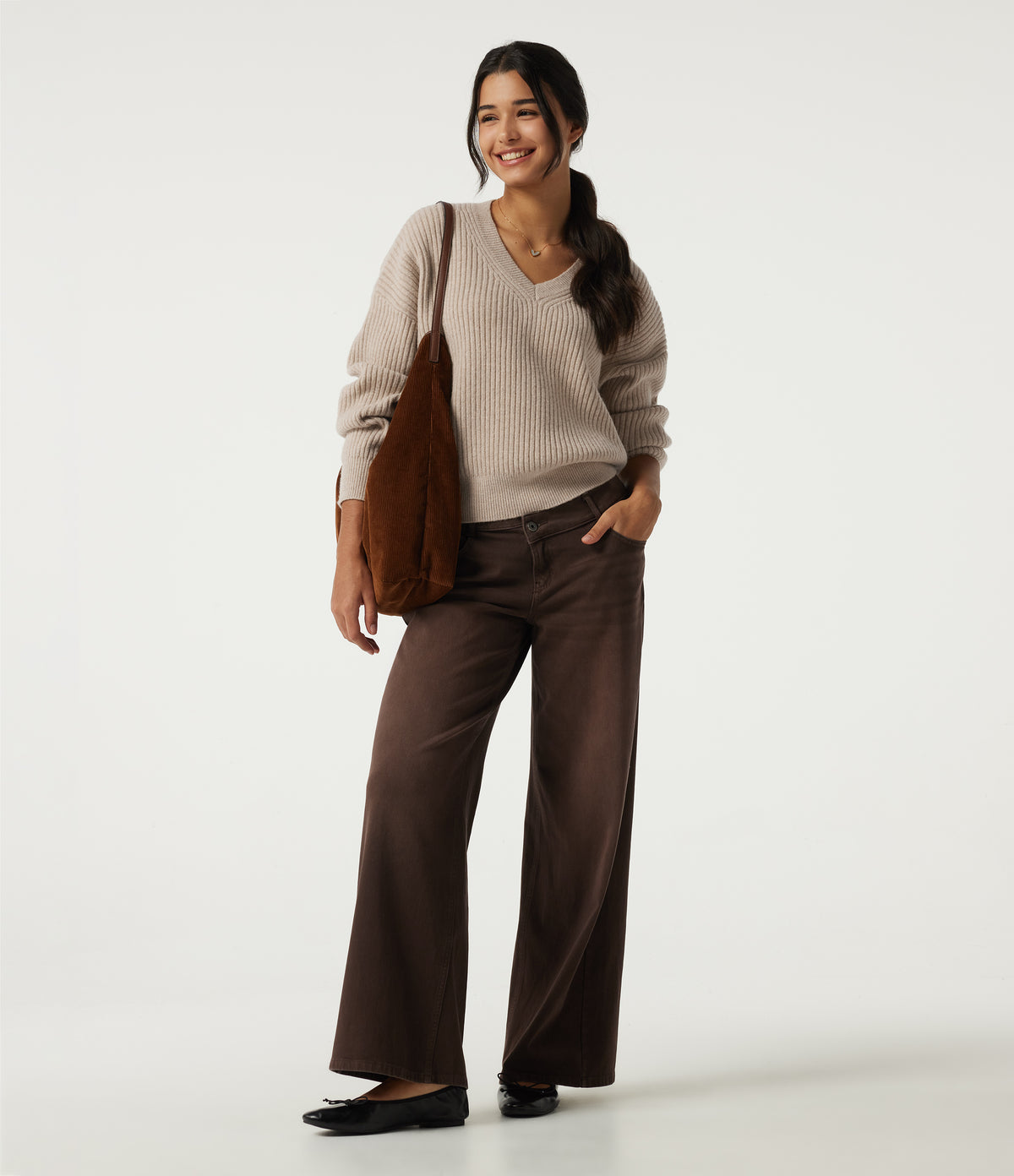 V Neck Dropped Shoulder Long Sleeve Casual Jumper — Doeskin — view 6