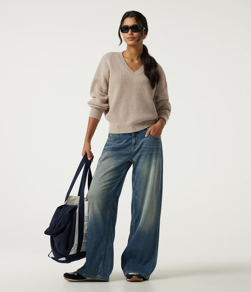 V Neck Dropped Shoulder Long Sleeve Casual Jumper — Doeskin — view 7