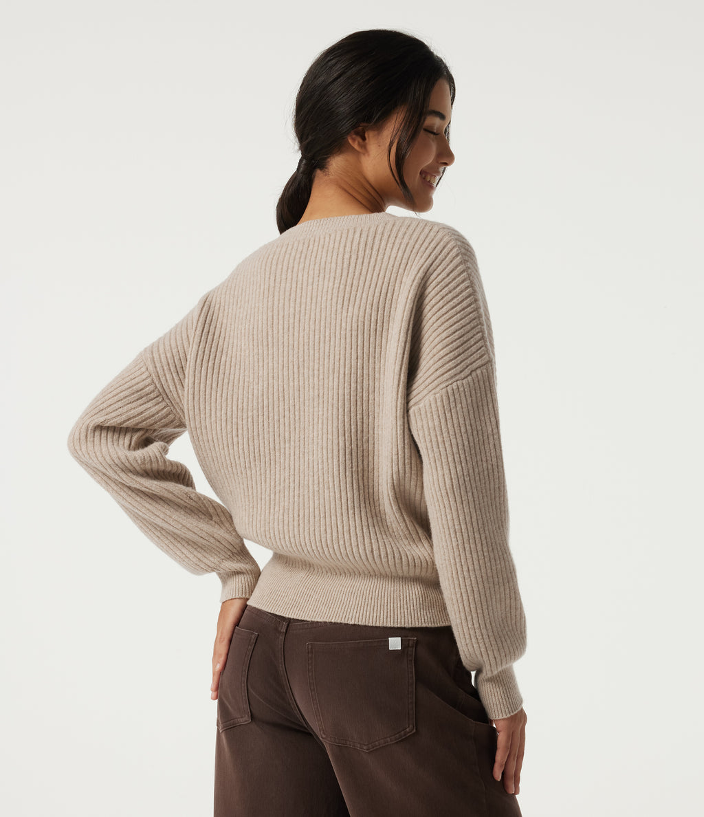 V Neck Dropped Shoulder Long Sleeve Casual Jumper — Doeskin — view 2