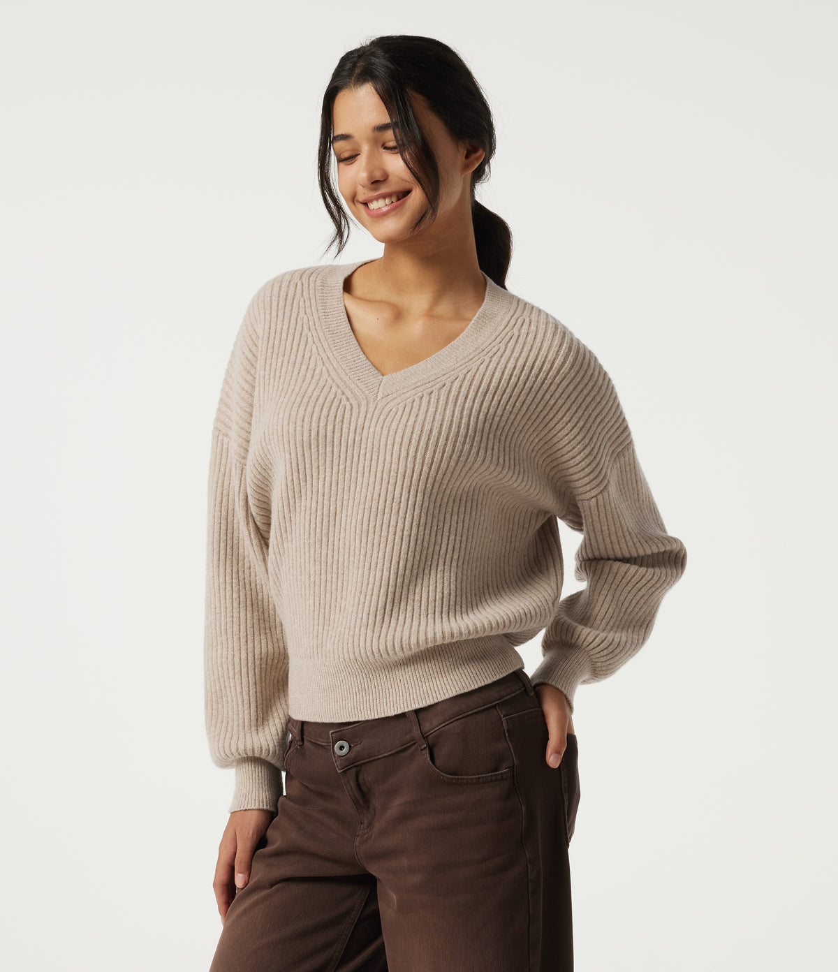 V Neck Dropped Shoulder Long Sleeve Casual Jumper — Doeskin — view 3