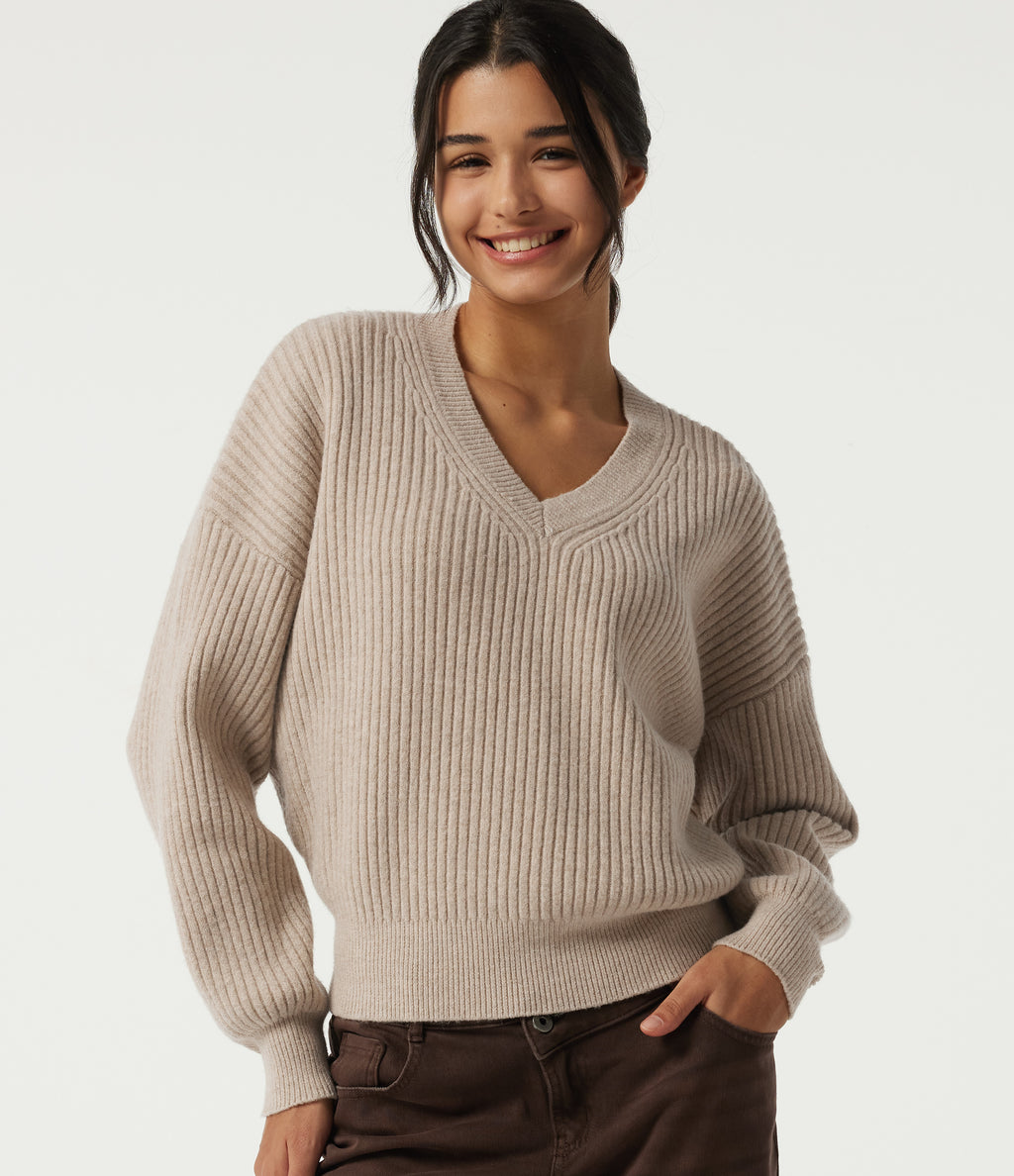 V Neck Dropped Shoulder Long Sleeve Casual Jumper — Doeskin — view 1