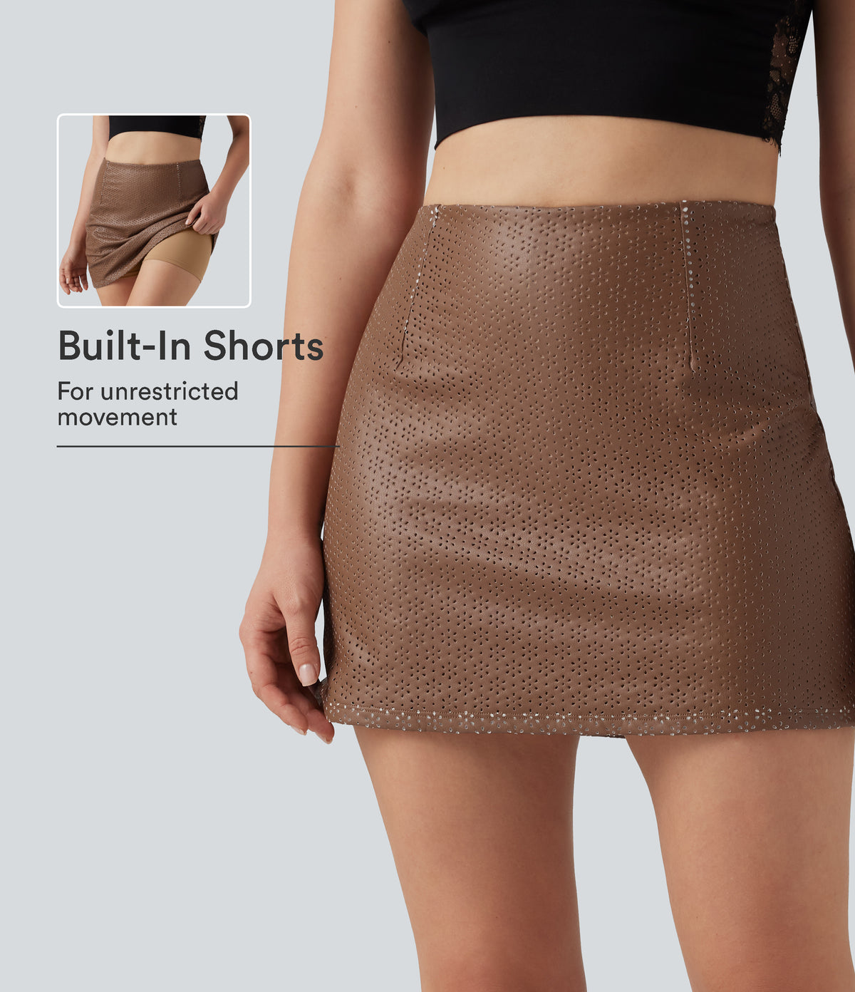 High Waisted 2-in-1 A Line Eyelet Mini Party Skirt — Caramel Daisy PU — view 1