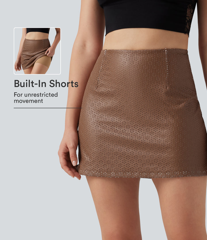 High Waisted 2-in-1 A Line Eyelet Mini Party Skirt — Caramel Daisy PU — view 1
