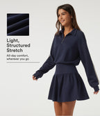 Lapel Long Sleeve Raglan Side Stripe Casual Mini Sweatshirt Dress — Midnight Blue — view 1