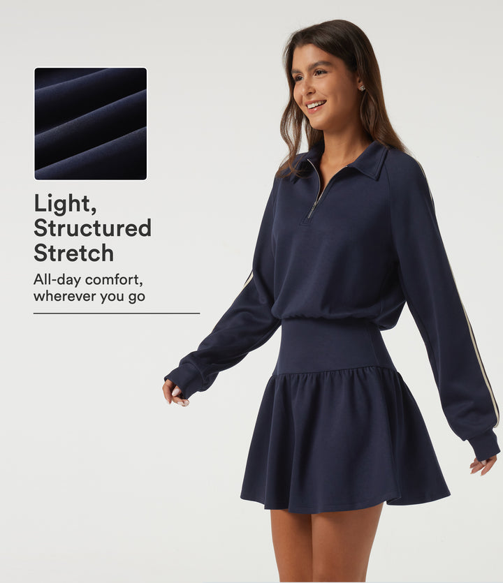 Lapel Long Sleeve Raglan Side Stripe Casual Mini Sweatshirt Dress — Midnight Blue — view 1
