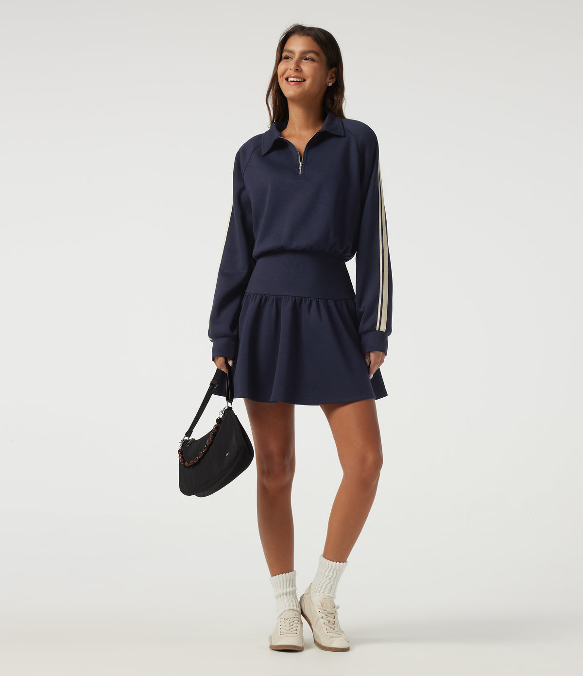Lapel Long Sleeve Raglan Side Stripe Casual Mini Sweatshirt Dress — Midnight Blue — view 6