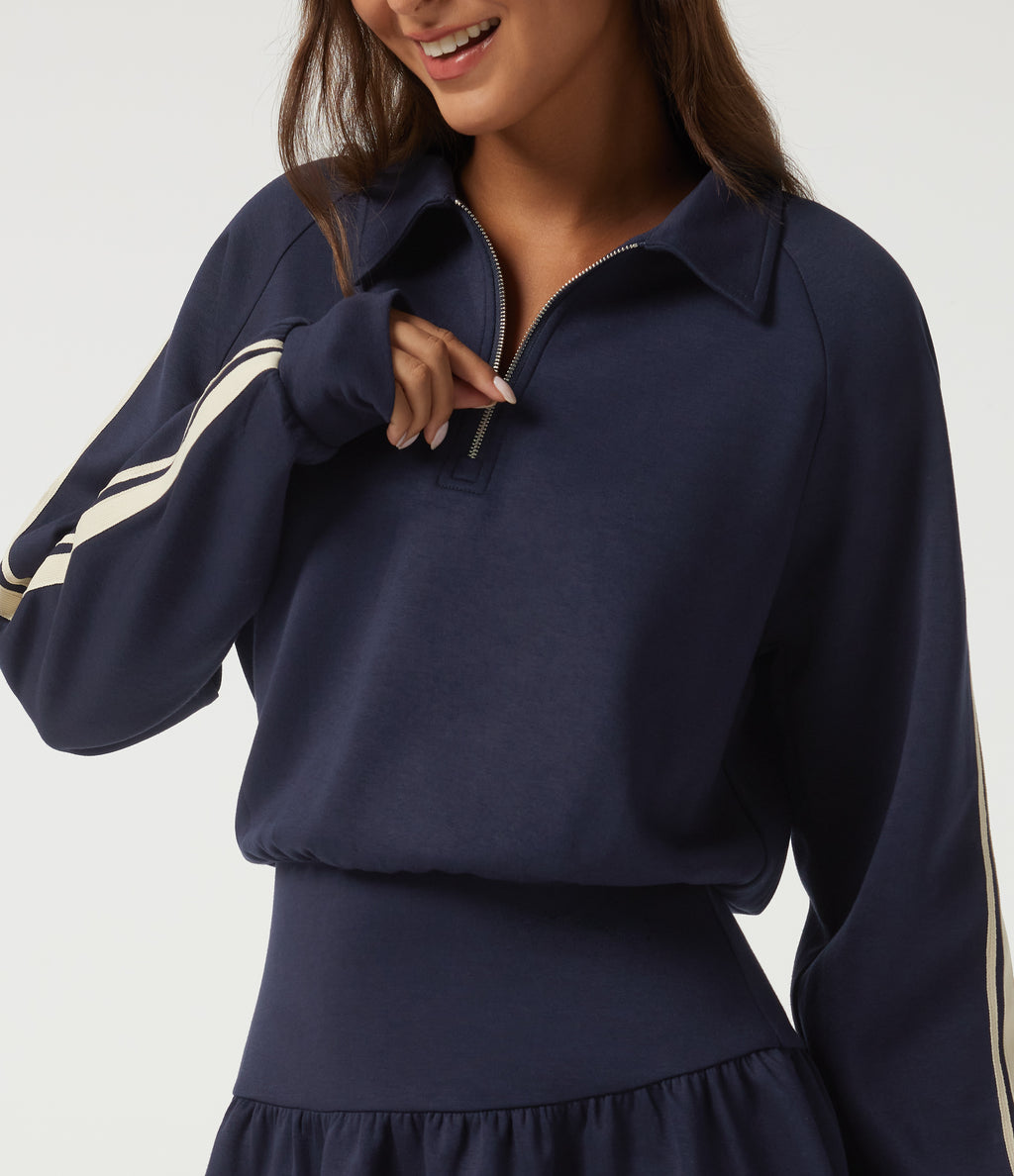 Lapel Long Sleeve Raglan Side Stripe Casual Mini Sweatshirt Dress — Midnight Blue — view 4
