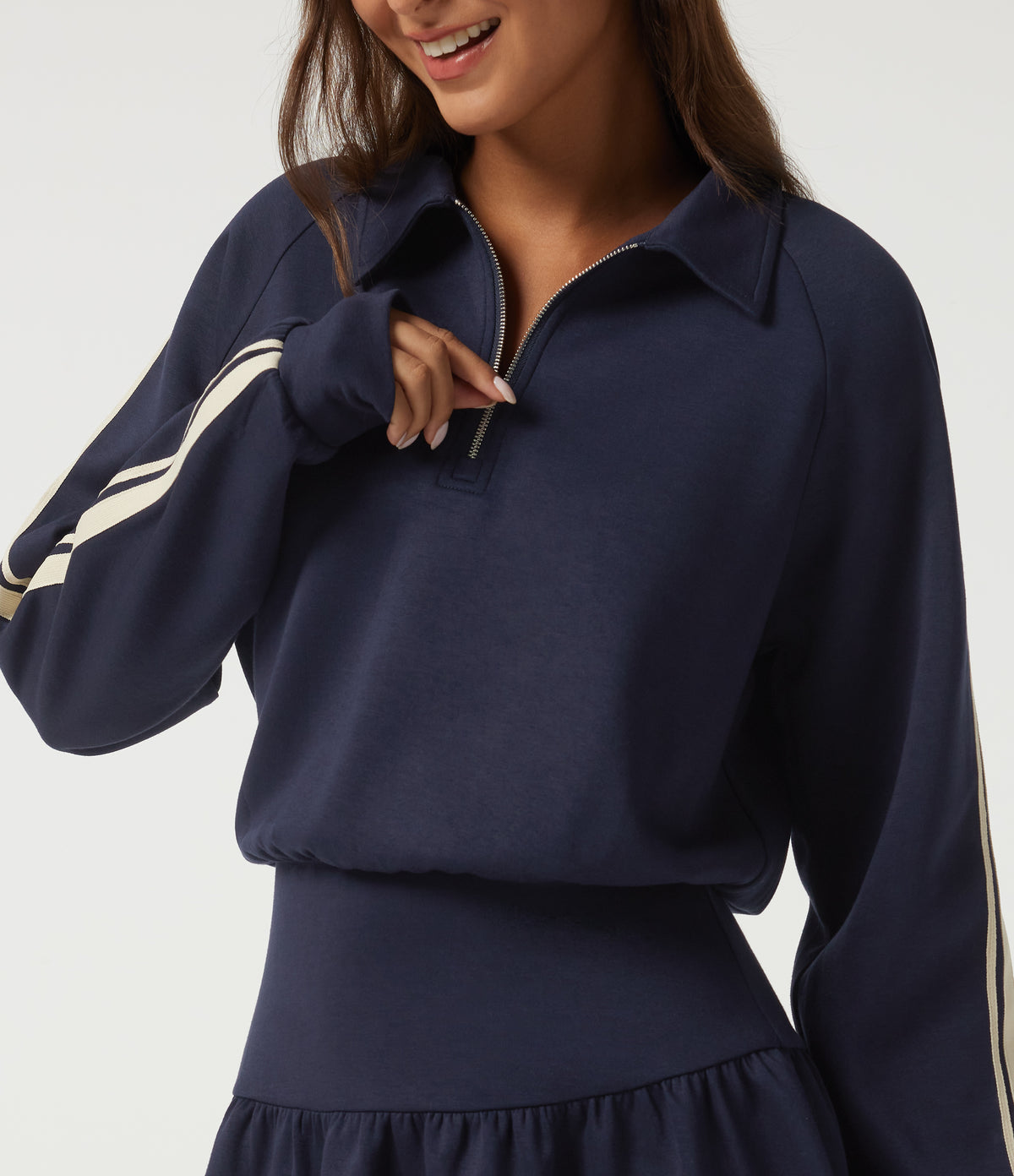 Lapel Long Sleeve Raglan Side Stripe Casual Mini Sweatshirt Dress — Midnight Blue — view 4