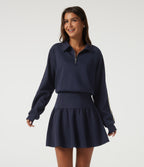 Lapel Long Sleeve Raglan Side Stripe Casual Mini Sweatshirt Dress — Midnight Blue — view 3