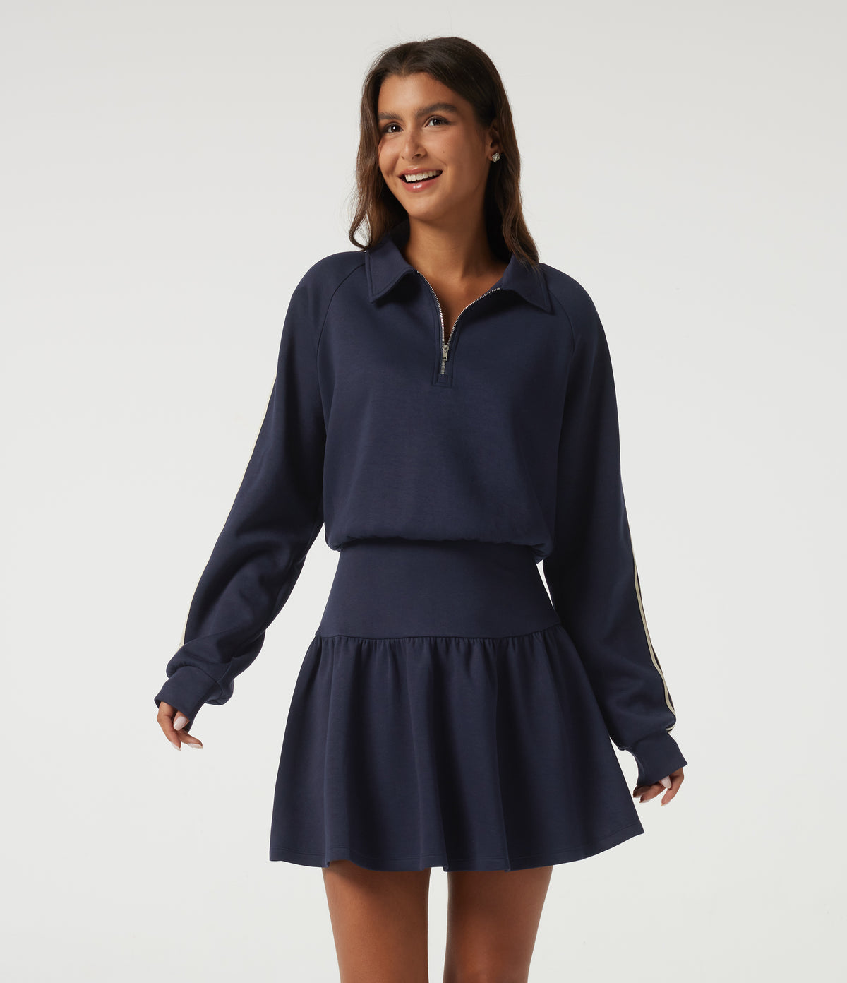 Lapel Long Sleeve Raglan Side Stripe Casual Mini Sweatshirt Dress — Midnight Blue — view 3