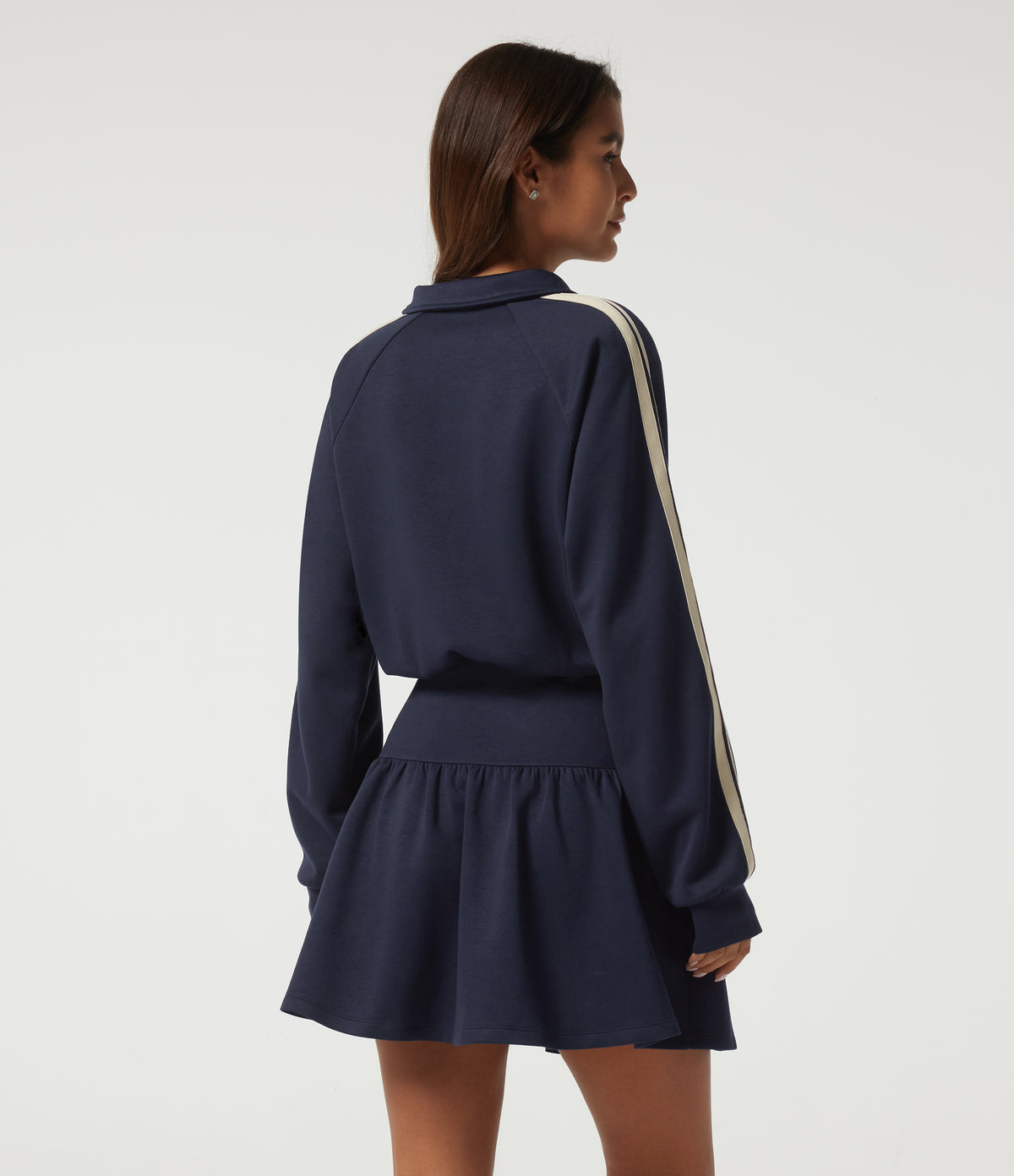 Lapel Long Sleeve Raglan Side Stripe Casual Mini Sweatshirt Dress — Midnight Blue — view 2