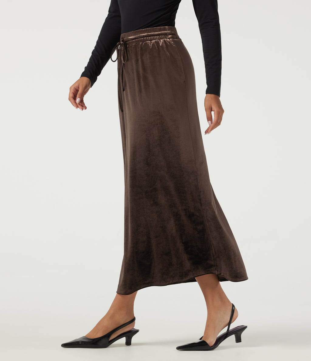 High Waisted Drawstring A-Line Velvet Casual Midi Skirt with Pockets — Hot Fudge — view 3