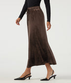High Waisted Drawstring A-Line Velvet Casual Midi Skirt with Pockets — Hot Fudge — view 3