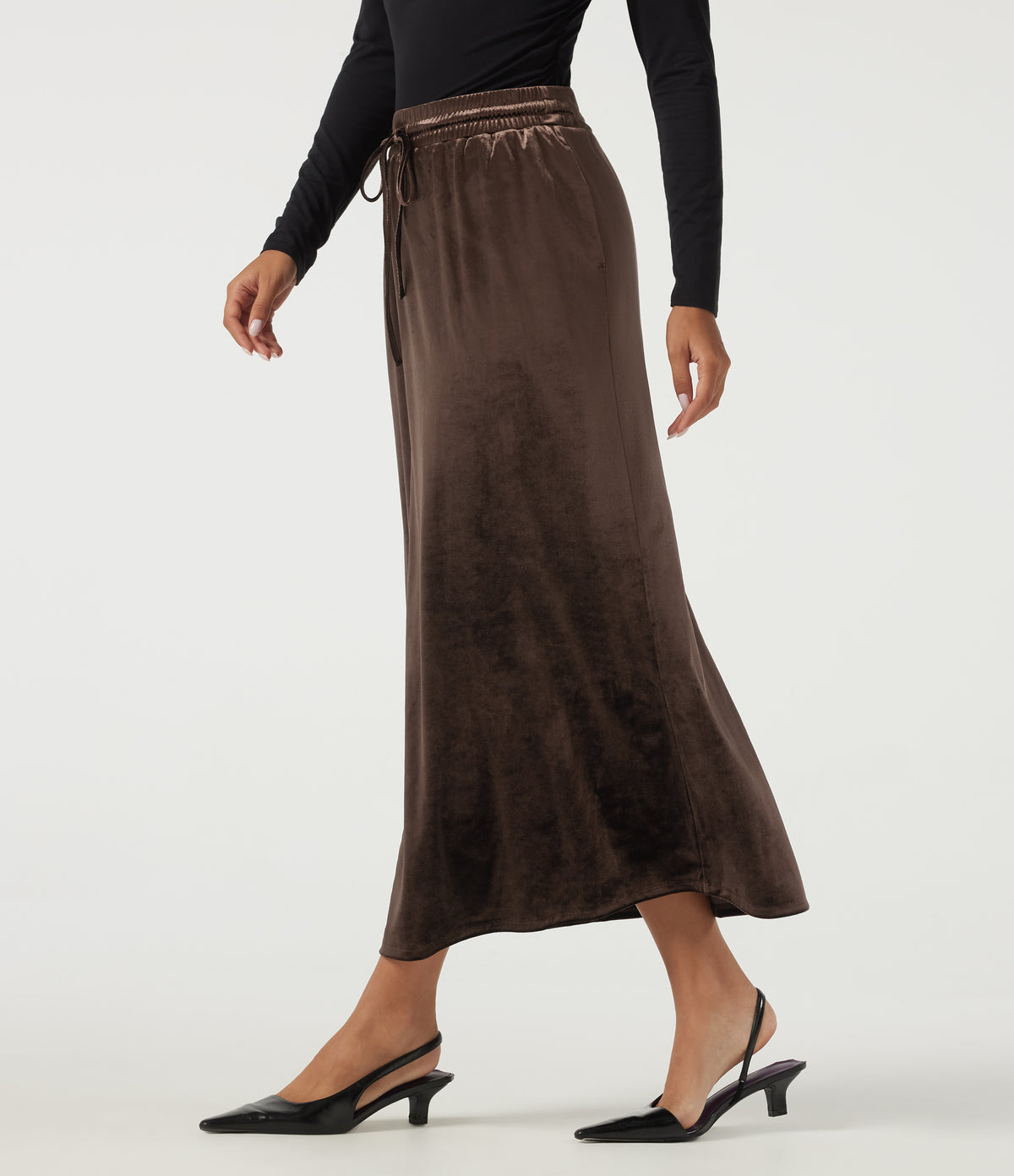 High Waisted Drawstring A-Line Velvet Casual Midi Skirt with Pockets — Hot Fudge — view 3