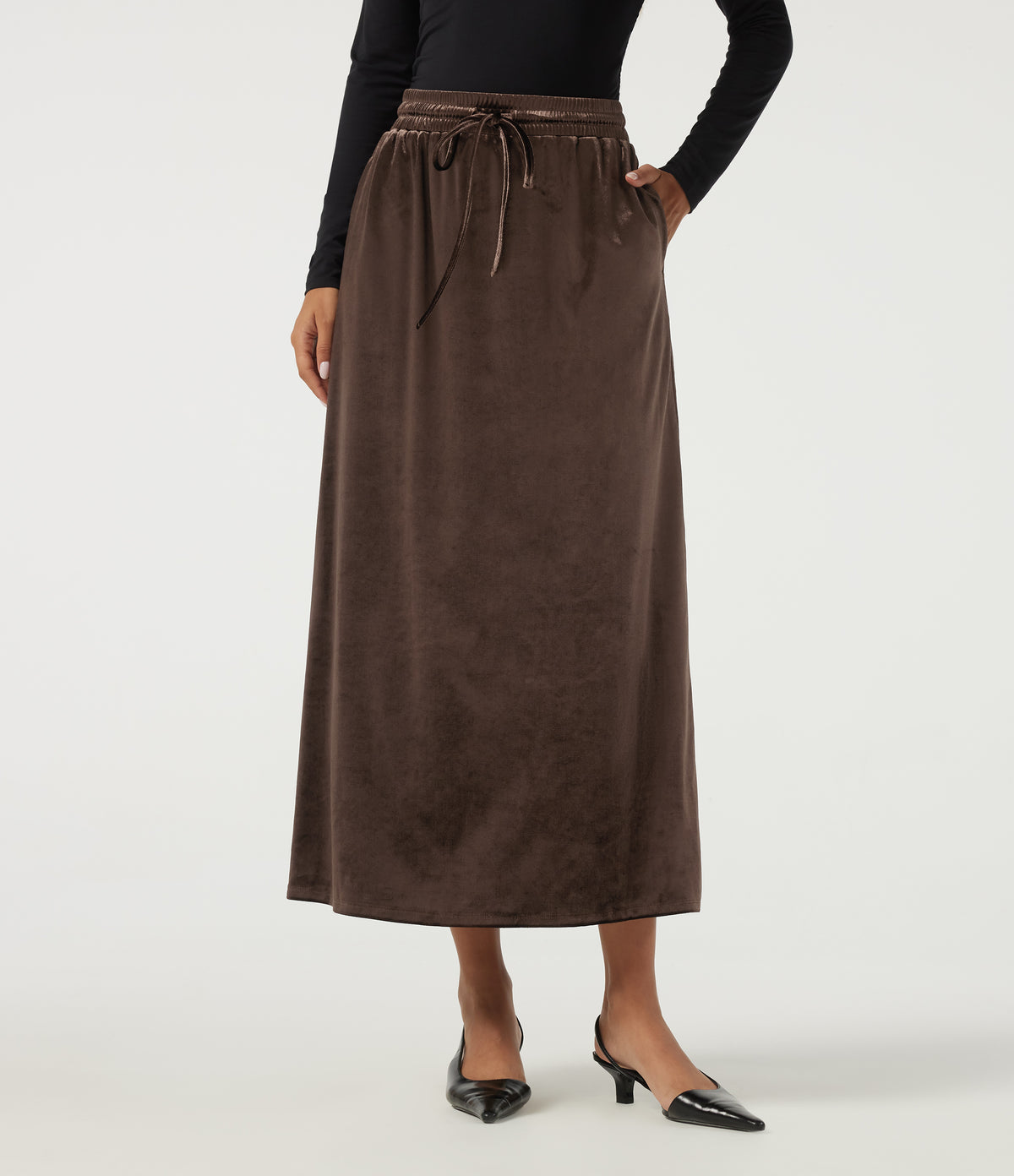 High Waisted Drawstring A-Line Velvet Casual Midi Skirt with Pockets — Hot Fudge — view 1
