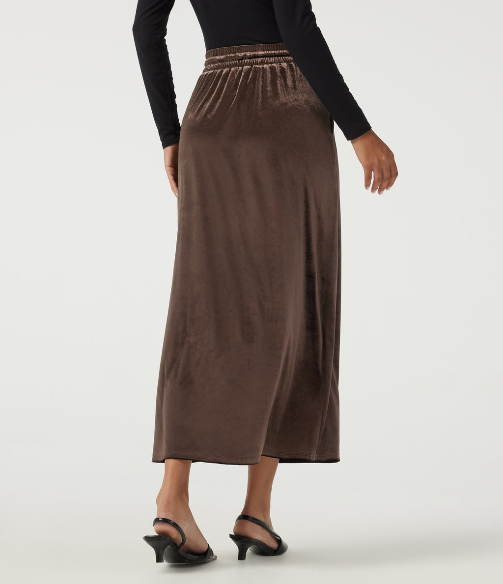 High Waisted Drawstring A-Line Velvet Casual Midi Skirt with Pockets — Hot Fudge — view 2