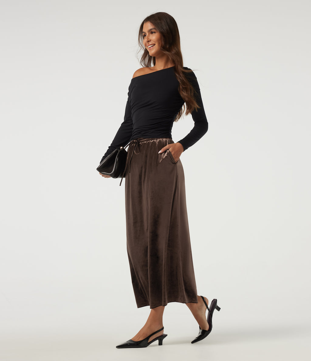 High Waisted Drawstring A-Line Velvet Casual Midi Skirt with Pockets — Hot Fudge — view 6
