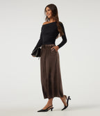 High Waisted Drawstring A-Line Velvet Casual Midi Skirt with Pockets — Hot Fudge — view 6