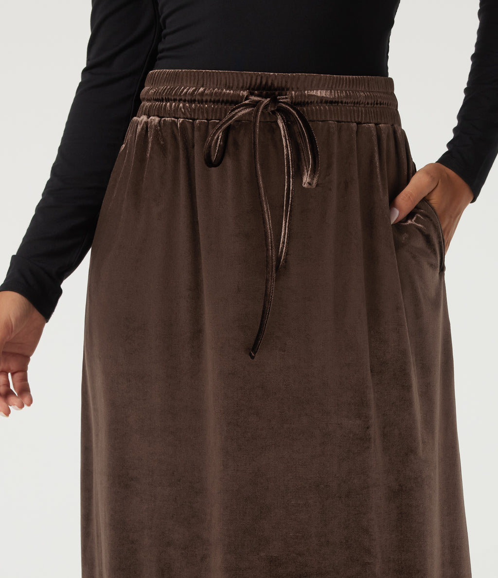 High Waisted Drawstring A-Line Velvet Casual Midi Skirt with Pockets — Hot Fudge — view 4
