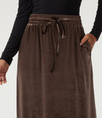 High Waisted Drawstring A-Line Velvet Casual Midi Skirt with Pockets — Hot Fudge — view 4