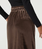 High Waisted Drawstring A-Line Velvet Casual Midi Skirt with Pockets — Hot Fudge — view 5
