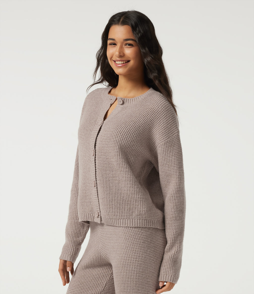 Round Neck Long Sleeve Lounge Cardigan — Peyote — view 3
