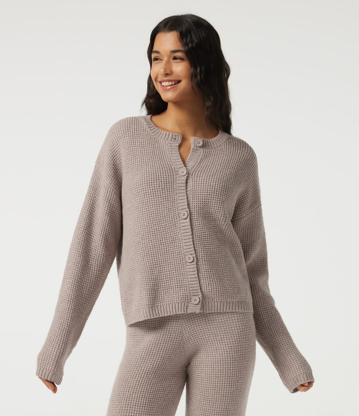 Round Neck Long Sleeve Lounge Cardigan — Peyote — view 1